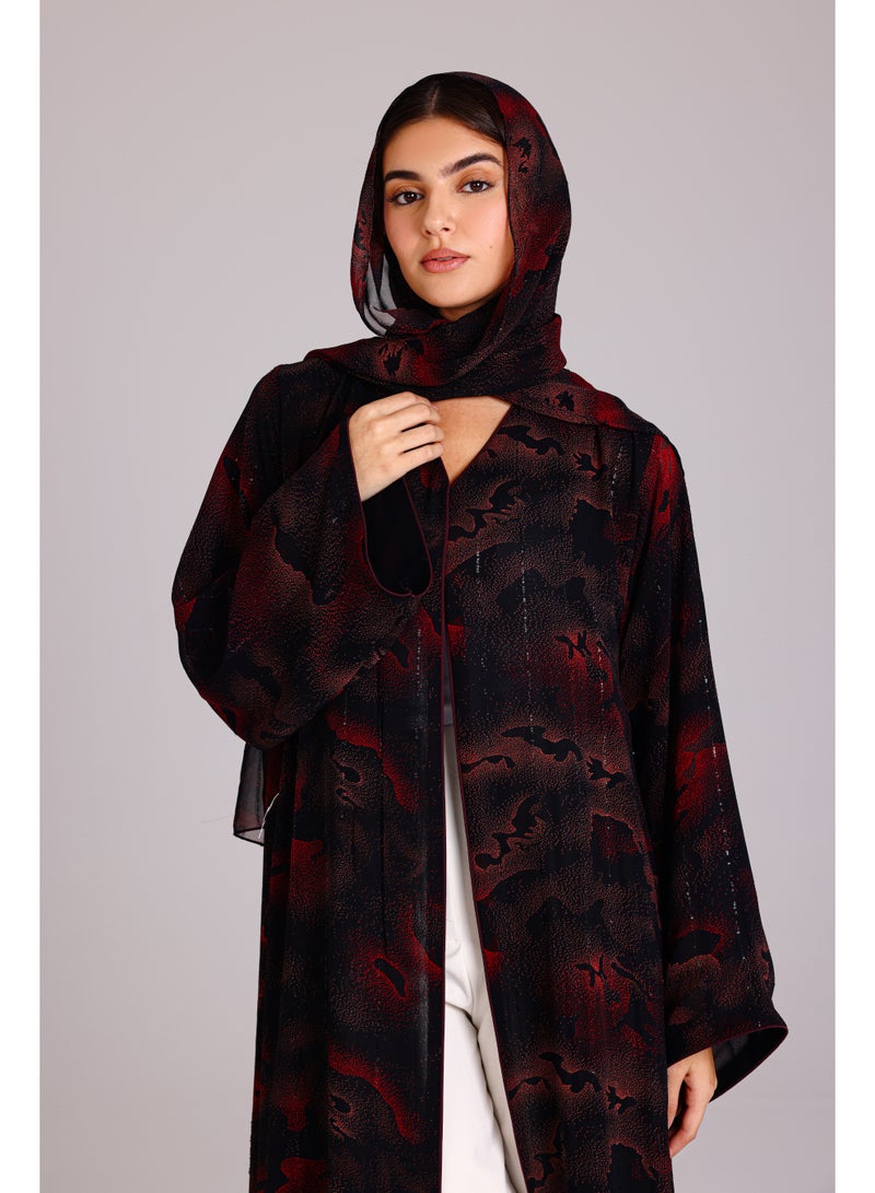 IKKXA Modern Shadow Prints Elegant Red Abaya ABY1206 Red - Image 2